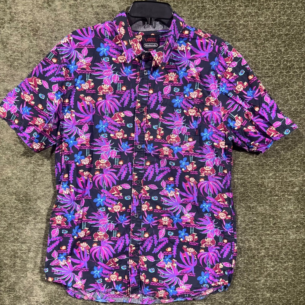 Vans Button Down Shirt Mens Large Black Nintendo Donkey Kong Tropical Print